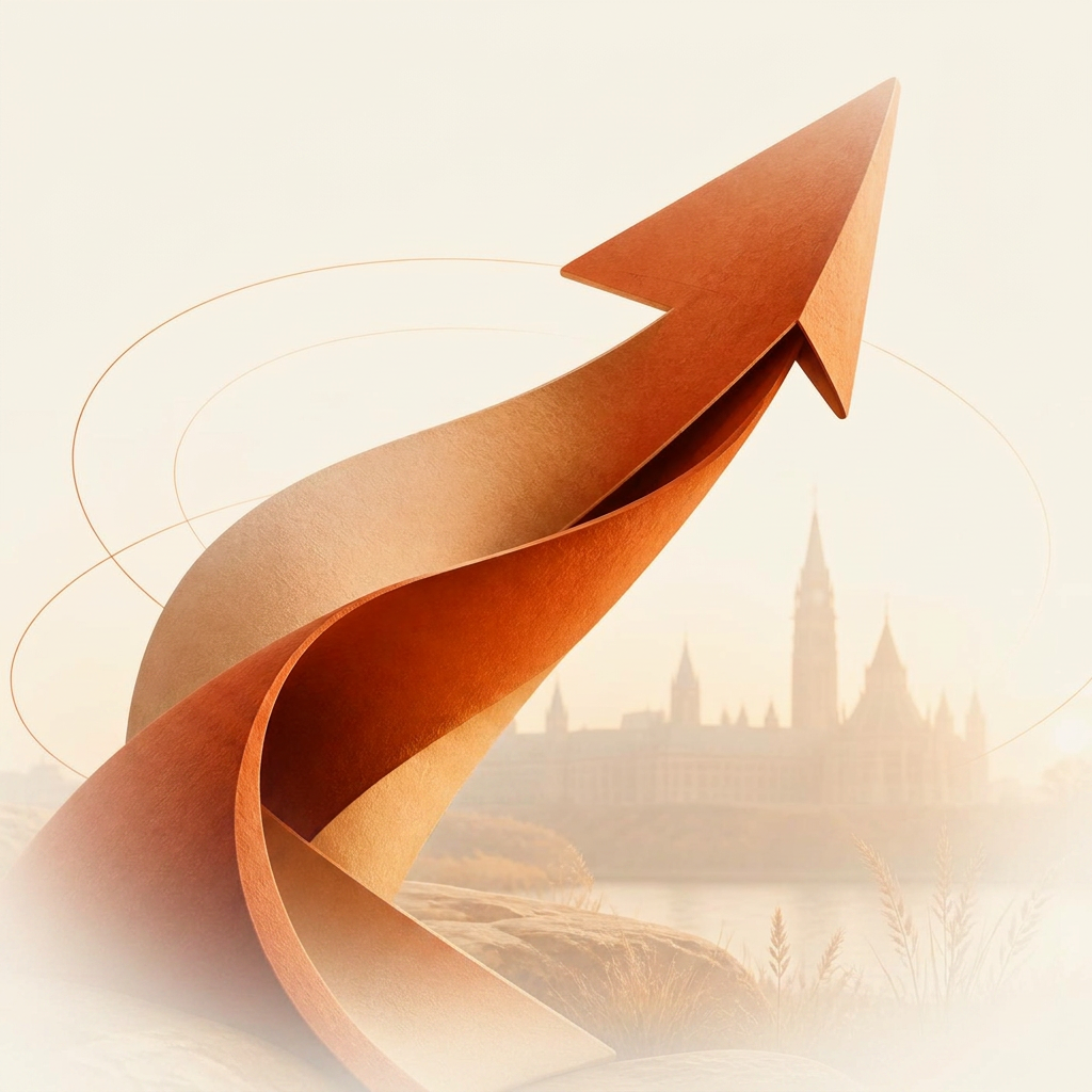 Sculptural terracotta paper ribbon forming an upward arrow above the Ottawa skyline