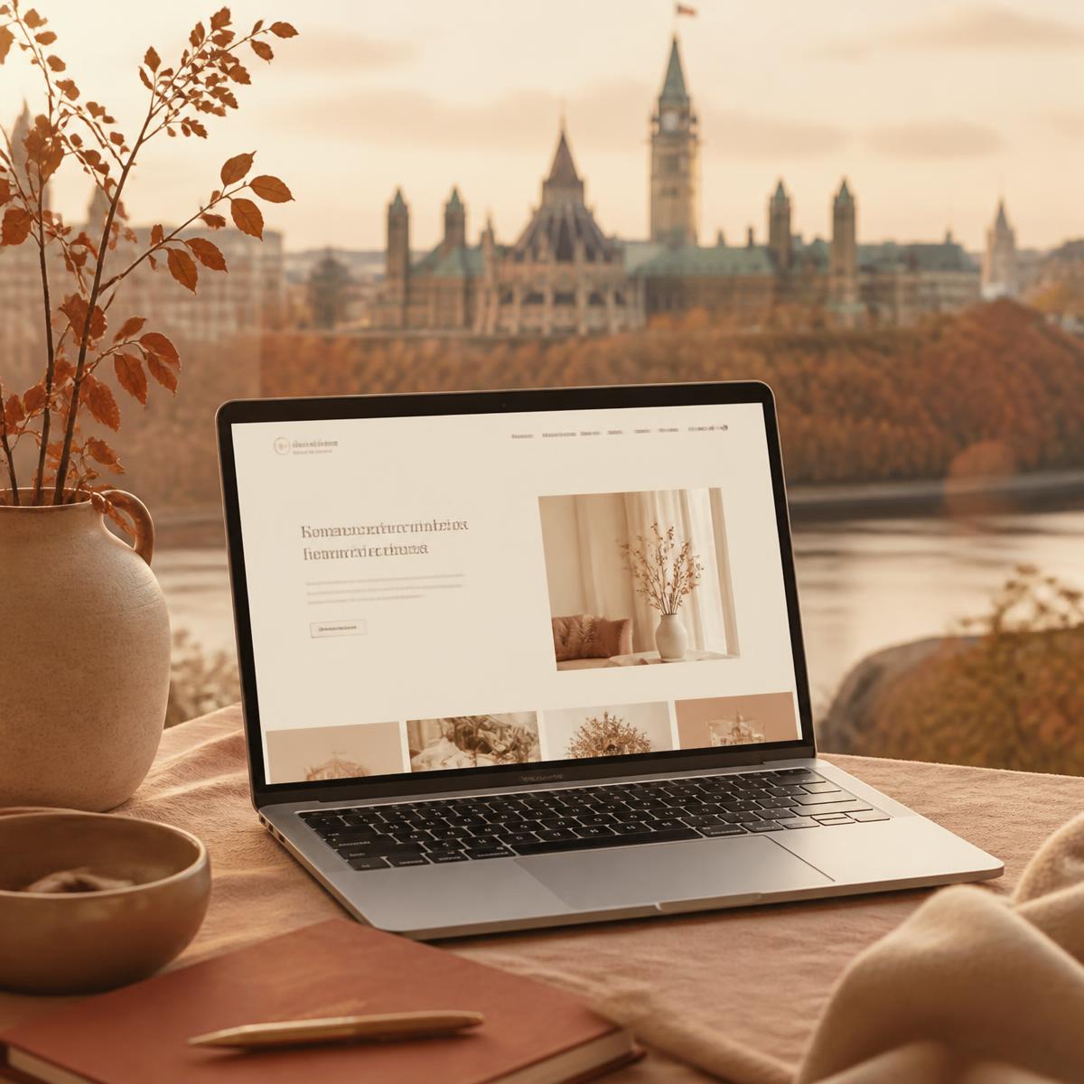 Laptop showing a clean modern website with the autumn Ottawa skyline behind it