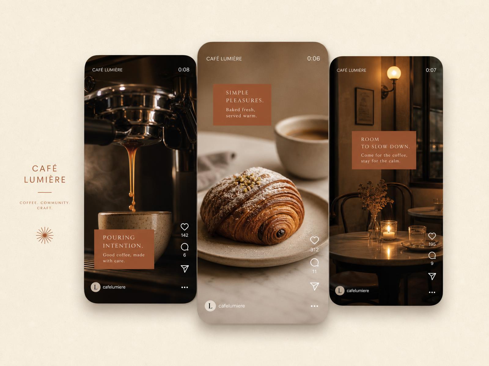 Three vertical short-form video frames of warm café content