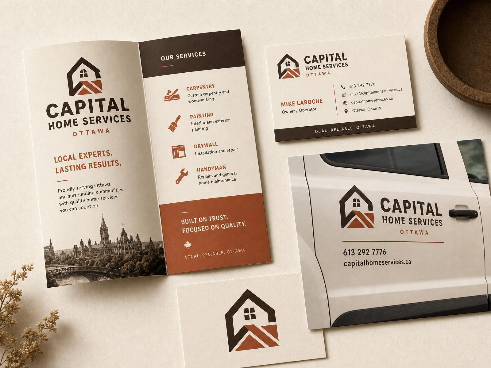 Printed brand collateral for an Ottawa home service company