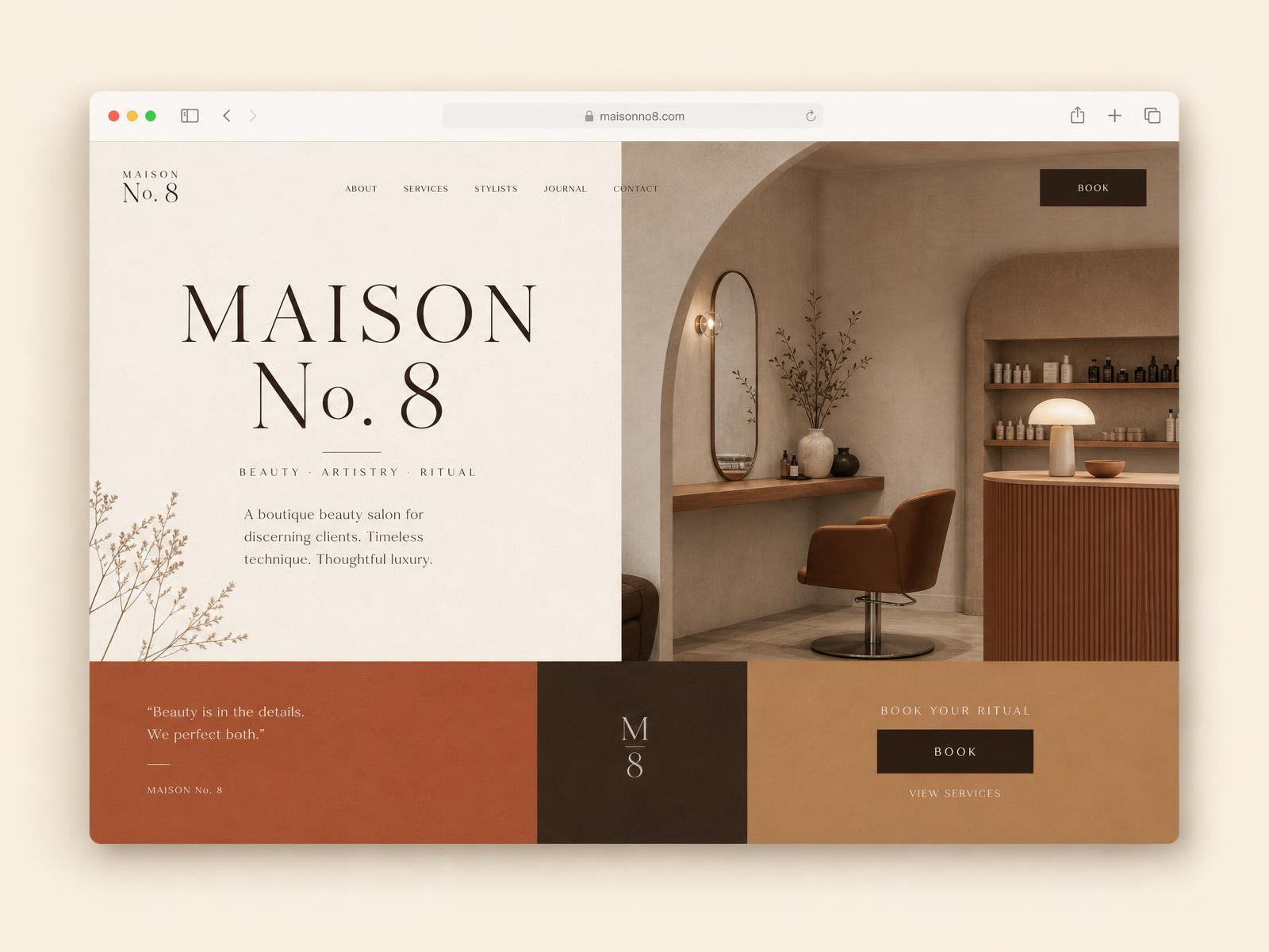 Browser mockup of a boutique beauty brand website with a booking call to action