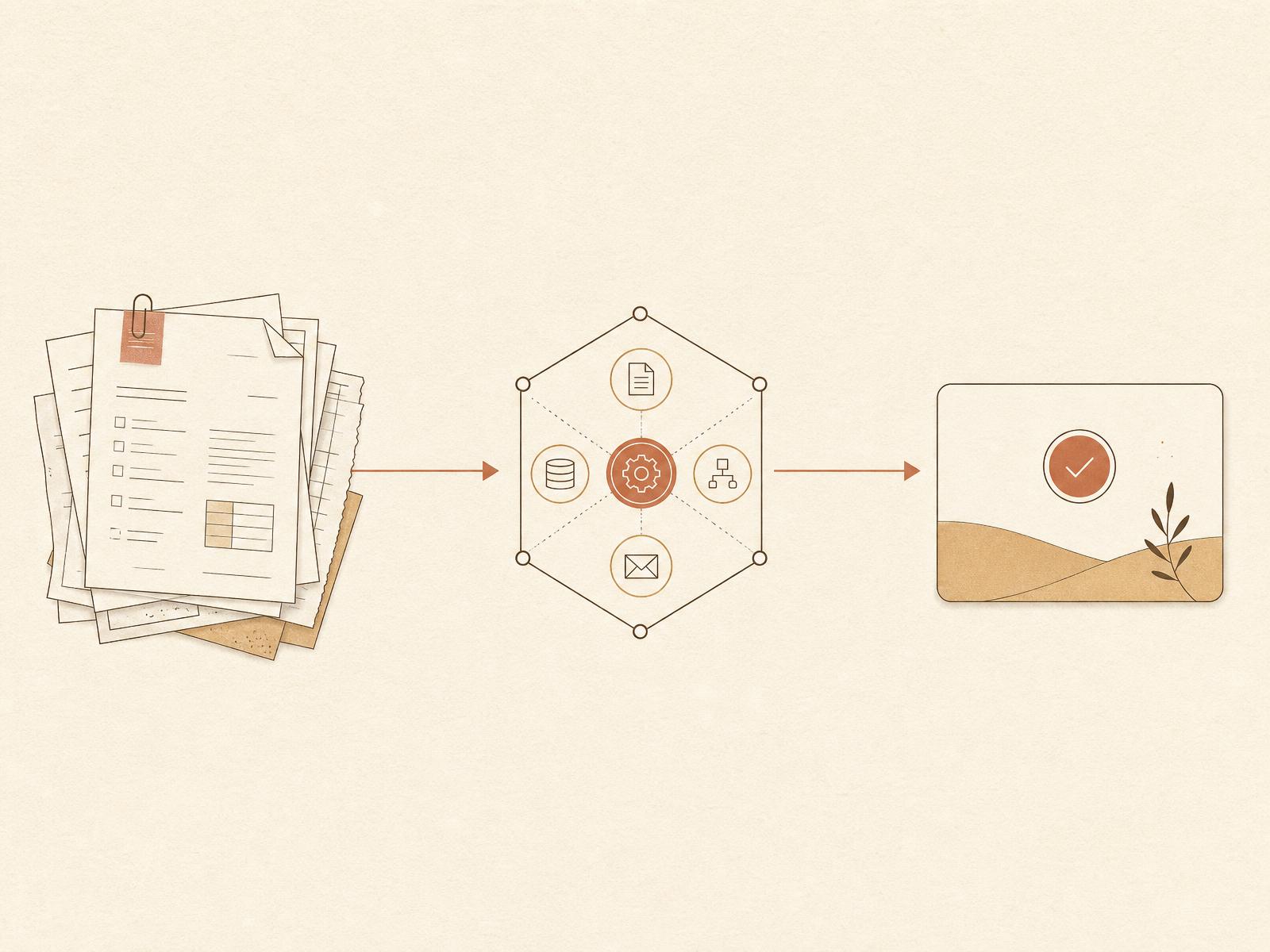 Diagram moving from paper forms to an automated workflow to a finished customer confirmation